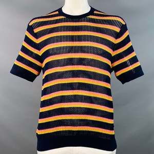 MR TURK Navy Multi Color Stripe Cotton Knit Mesh T-shirt